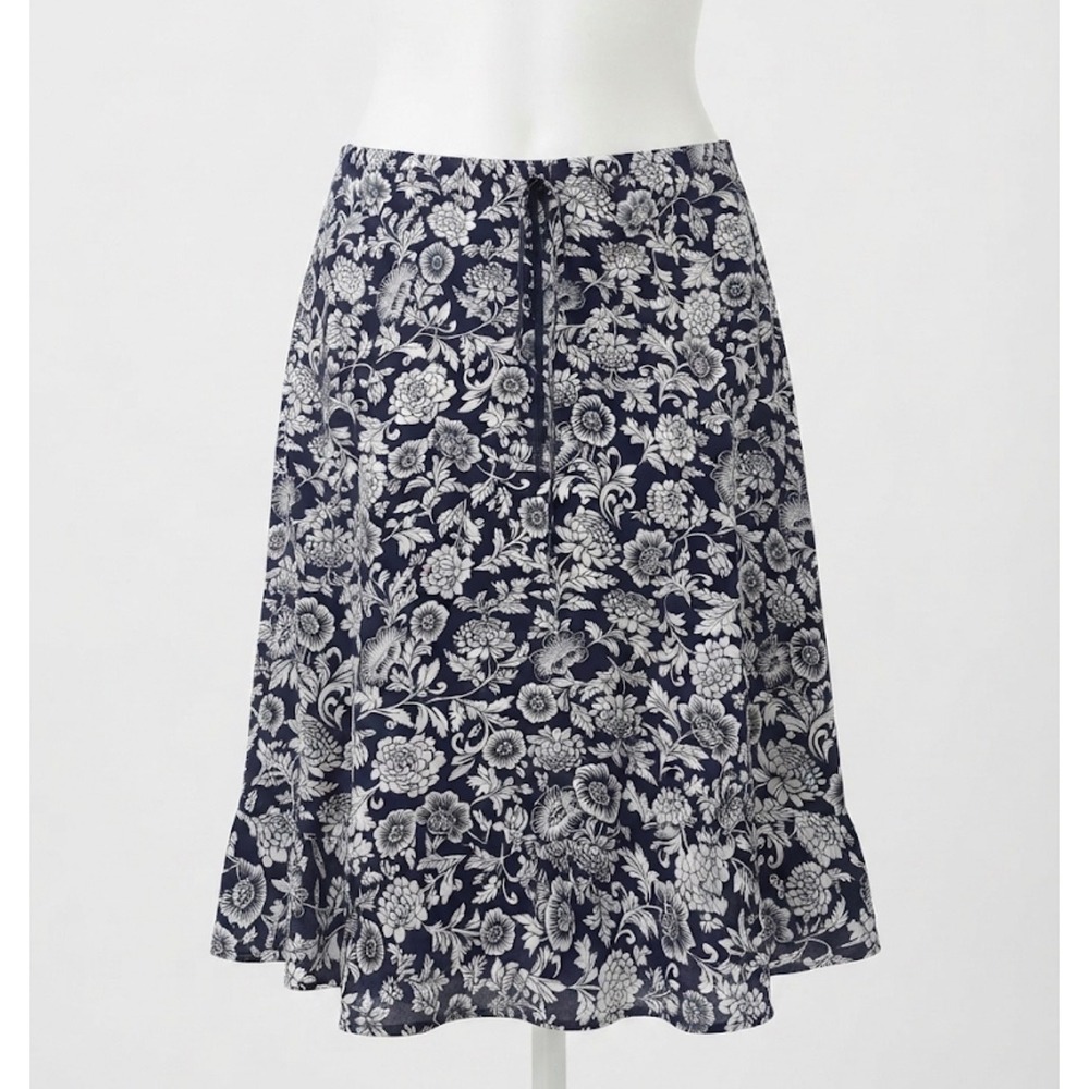 Eddie Bauer Women's Skirt XL Navy Blue White Floral 100% Cotton Ruffle Hem